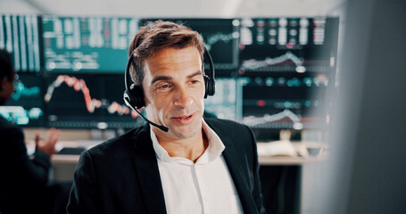 Poster - Trading broker, computer and man with headset for financial guidance, investment advice and market insight. Call center, portfolio management and consulting client with stock trends review and update