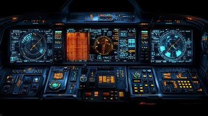 Detailed futuristic spacecraft control panel displays digital operational interfaces