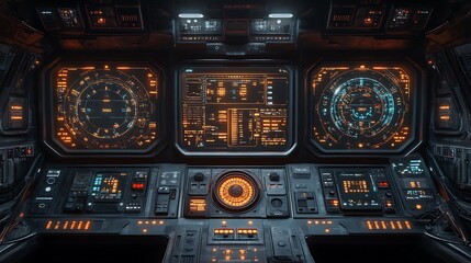 The interior view of a futuristic spacecraft control panel
