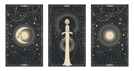 Wall Mural - set of magic tarot cards with sun, moon and fairy lady. mystical bohemian cards, spiritual astrologi