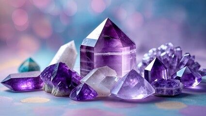 Poster - amethyst crystals arranged in various shapes on a colorful background creating an artistic display