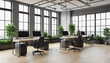 © paulmalaianu - Modern office interior with large windows, wooden floor, desks, computers, chairs, and plants.