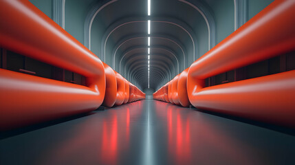 Poster - futuristic orange and gray industrial tunnel with neon lighting