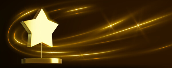 Wall Mural - golden star award on round stage isolated on black background. vector realistic illustration of gold