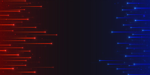 Poster - Red vs blue tech rain background - glowing neon lines moving horizontal. Futuristic abstract design, light streaks descending on dark backdrop. Sci fi digital art for web banner, versus screen.