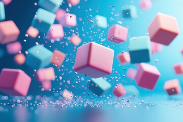Poster - Floating colorful cubes in abstract digital environment vibrant design conceptual art