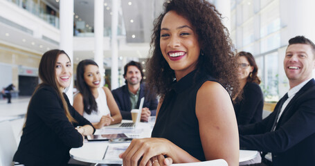 Poster - Portrait, smile and business woman in meeting for proposal, funding or budget review for company. Teamwork, staff and proud analyst with finance information or confident for project development