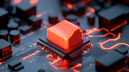 Poster - Glowing Orange Microchip on Dark Circuit Board