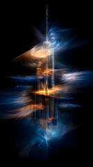 Poster - Futuristic Cityscape at Night: Glowing Tower in Blue and Orange Hues