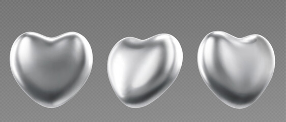 Poster - chrome heart with shiny metallic surface in different angles. silver 3d metal shapes with smooth ref