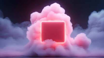 Poster - Glowing Pink Neon Square in Clouds Surreal 3D Render