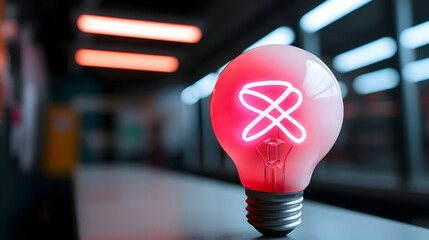 Poster - Glowing Red Lightbulb with Abstract Symbol in Modern Setting