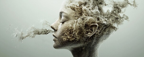 Poster - organic mixed media surrealism, merging natural wood textures, ink splashes, and digital paint overl