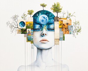 Poster - Mystical mixed media dreamscape, swirling cosmic nebula merging with vintage paper fragments and ink linework, surreal and poetic, ethereal storytelling