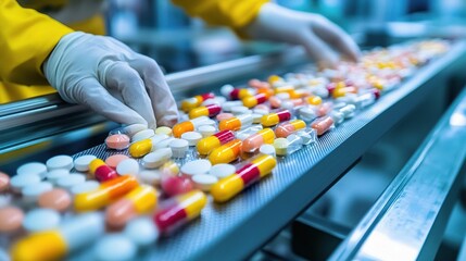 Poster - Pharmaceutical Factory Workers Inspecting Pills on Production Line