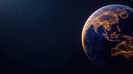 Poster - Earth at night displaying global business and finance map concept. Abstract representation of connected globe with digital networks.