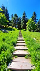 Poster - Pathway of Wooden Steps Leading Through Lush Green Grass Under Bright Sky Full of Light and Freshness in a Serene Outdoor Environment