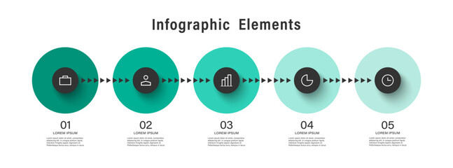 Aufkleber - 5 steps or options vector infographics design template with arrows and icons