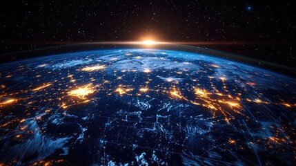 Poster - Earth at night highlighting finance, cityscapes, and connections concept. Stunning view of Earth from space at sunrise, high-resolution image.