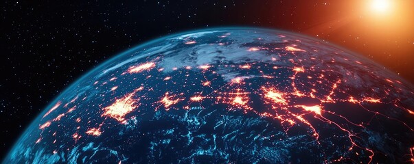 Poster - Earth at night showcasing world map and communication network concept. A stunning view of Earth from space showcasing city lights.