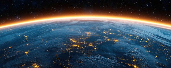 Poster - Earth at night highlighting finance, cityscapes, and connections concept. A stunning view of Earth from space showcasing continents and lights.