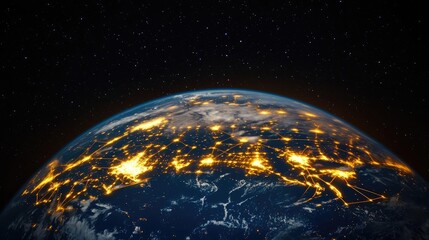Poster - Earth at night displaying global business and finance map concept. A stunning view of Earth from space showcasing bright city lights.