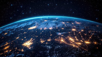 Poster - Earth at night highlighting finance, cityscapes, and connections concept. A stunning view of Earth from space showcasing city lights.