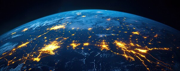 Poster - Earth at night showcasing world map and communication network concept. Stunning view of Earth showing illuminated city landscapes at night.