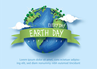 Fototapete - Horizontal poster campaign of Earth day with global in a ribbon banner and green power, wording of event and example texts on blue background. All in vector design
