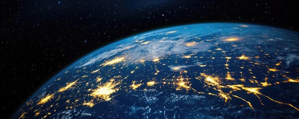 Poster - Earth at night displaying global business and finance map concept. View of Earth from space, highlighting its vibrant lights.