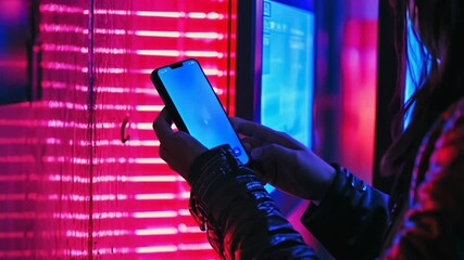 Poster - Person Texting on Smartphone Against Vibrant Neon Background Generative AI