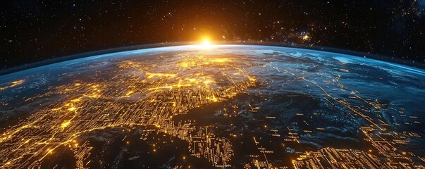 Poster - Earth at night highlighting finance, cityscapes, and connections concept. A stunning view of Earth from space at sunrise, showcasing city lights.