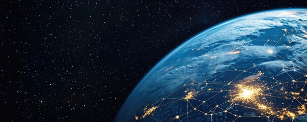 Poster - Earth at night displaying global business and finance map concept. A stunning view of Earth from space with glowing city lights.