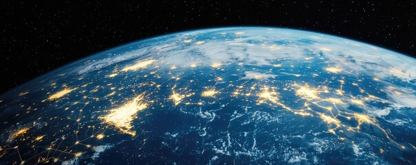 Poster - Earth at night displaying global business and finance map concept. A breathtaking view of Earth showcasing city lights from space.