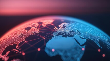 Poster - Earth at night showcasing world map and communication network concept. Abstract view of a digital globe with network connections.