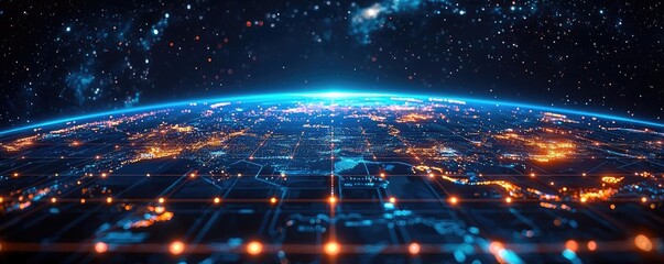 Poster - Earth at night displaying global business and finance map concept. A stunning view of Earth from space with glowing city lights.