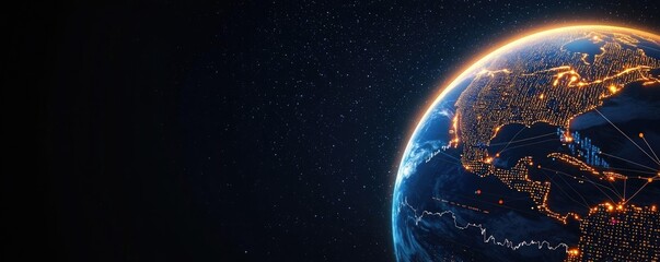 Poster - Earth at night displaying global business and finance map concept. A stunning view of Earth illuminated by city lights from space.