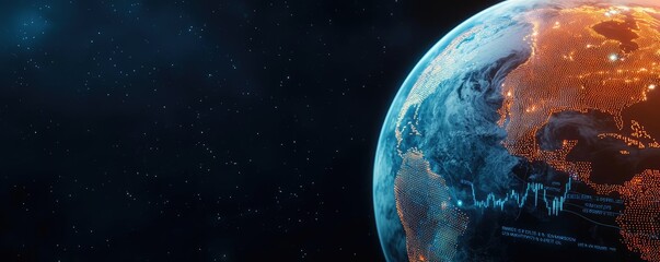Poster - Earth at night displaying global business and finance map concept. Earth from space showing continents and data visualization.