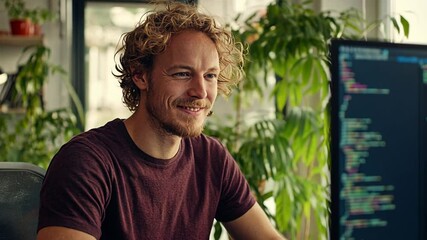 Poster - Portrait of a Male Programmer Working in a Modern Office Space Generative AI