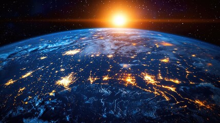 Poster - Earth at night highlighting finance, cityscapes, and connections concept. Stunning view of Earth from space with glowing cities and sunrise.