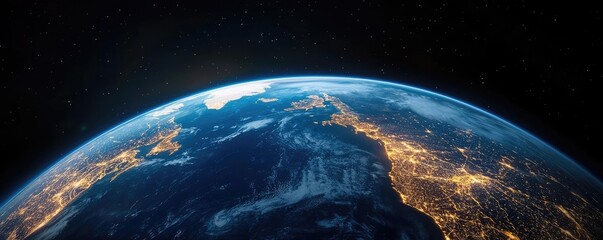 Poster - Earth at night highlighting finance, cityscapes, and connections concept. A stunning view of Earth highlighting lights of a bustling coastline.