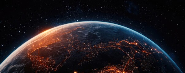 Poster - Earth at night highlighting finance, cityscapes, and connections concept. A stunning view of Earth with glowing cities at night.