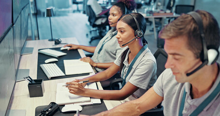 Poster - Emergency, service and people on computer with headset for security, dispatcher and operator. Telecommunication, surveillance and first responders with monitor for incident report, contact and help
