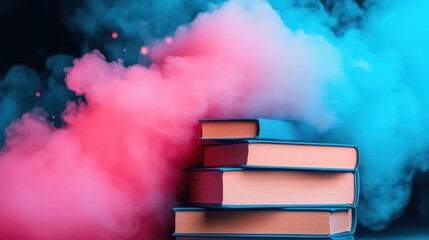 Poster - Colorful Smoke Surrounding Stack of Textured Books on Dark Background with Vibrant Hues
