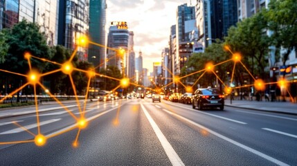 Poster - Urban Evening Scene with Traffic and Digital Connections in Cityscape at Sunset