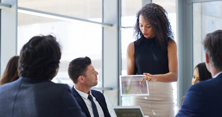 Poster - Business people, tablet and meeting for pitch, presentation and collaboration in office. Screen, executive director and financial manager with budget proposal, website or teamwork for negotiation