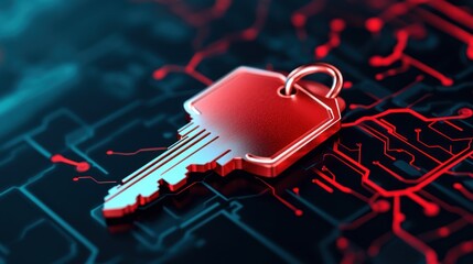 Leinwandbilder - Metallic Key on Abstract Circuit Background with Red and Black Digital Patterns