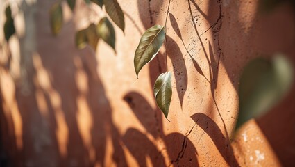 Poster - Green leaves casting delicate shadows on a warm clay wall in a sunlit garden during the afternoon hours