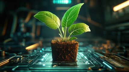 Aufkleber - Futuristic Plant Growth on Circuit Board Surrounded by Technology and Innovation Elements