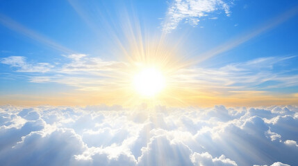 Wall Mural - bright sun shining over fluffy clouds in blue sky